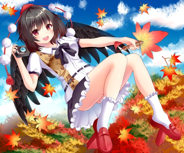 Anime picture 1500x1250 with touhou shameimaru aya nabekokoa single long hair looking at viewer blush fringe breasts open mouth light erotic black hair smile red eyes holding sky cloud (clouds) short sleeves legs black wings