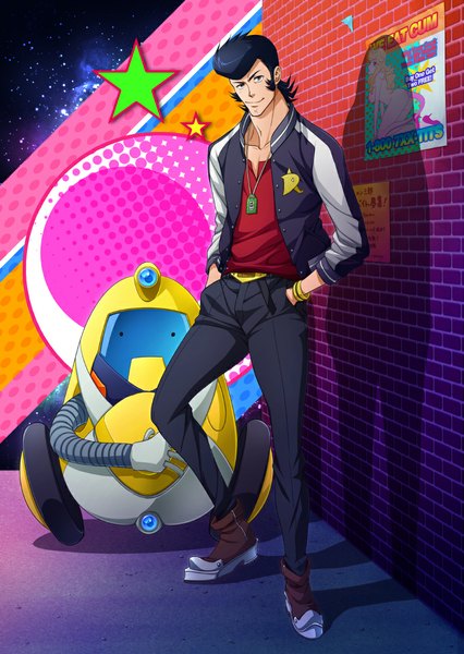 Anime picture 800x1126 with space dandy studio bones dandy (space dandy) qt (space dandy) honey (space dandy) zero1 single tall image looking at viewer short hair light erotic black hair smile yellow eyes shadow hands in pockets pompadour boy jacket boots