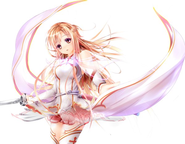 Anime picture 5120x4000 with sword art online a-1 pictures yuuki asuna garyljq single long hair looking at viewer blush highres open mouth simple background blonde hair red eyes brown hair white background bare shoulders brown eyes absurdres girl thighhighs