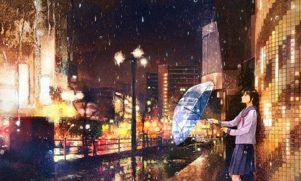 Anime picture 1300x784 with original gemi single fringe short hair brown hair wide image holding looking away profile pleated skirt night wet night sky city reflection rain cityscape city lights against wall