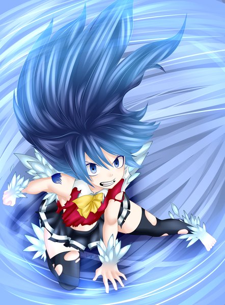 Anime picture 1024x1388 with fairy tail wendy marvell mmdlucyextend single long hair tall image looking at viewer blue eyes blue hair pleated skirt from above wind loli tattoo grin coloring torn clothes magic angry girl
