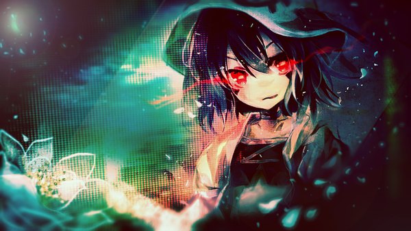 Anime picture 1280x720 with yumekui merry merry nightmare navio single looking at viewer short hair red eyes wide image purple hair glowing glowing eye (eyes) girl flower (flowers) hat petals choker