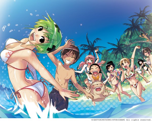 Anime picture 1280x1024 with kenkou zenrakei suieibu umishou ninagawa amuro shizuoka mirei orizuka momoko ikuta maki nanako maaya okiura kaname kise sanae himekawa kaori tomoko naruko karena nanjou long hair short hair open mouth light erotic black hair blonde hair smile brown hair twintails