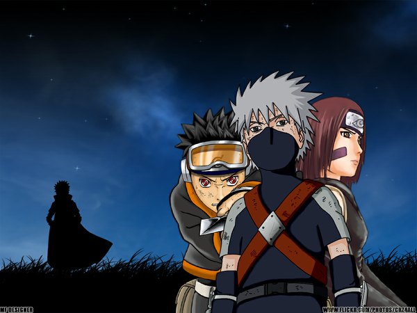 Anime picture 1024x768 with naruto studio pierrot naruto (series) hatake kakashi uchiha obito namikaze minato nohara rin uchiha-sharingan (artist) looking at viewer black hair red eyes brown hair standing looking away silver hair white hair black eyes multiple boys coloring group