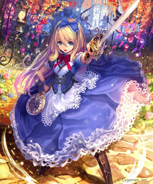 Anime picture 1500x1800 with alice in wonderland alice (wonderland) tachikawa mushimaro (bimo) single long hair tall image looking at viewer fringe open mouth blue eyes blonde hair standing outdoors :d light smile wind shadow midriff hand on hip outstretched hand