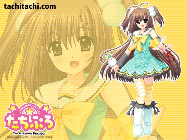 Anime picture 1600x1200 with tachikawa mahou toshika project tachikawa tacchi nishimata aoi single looking at viewer blush open mouth brown hair brown eyes full body ahoge very long hair two side up wallpaper copyright name yellow background zoom layer girl thighhighs detached sleeves