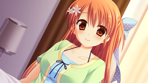 Anime picture 1280x720 with natsu koi high pressure shinonome misaki ayamisiro single long hair looking at viewer blush breasts smile brown hair wide image large breasts brown eyes game cg hair flower half updo girl hair ornament flower (flowers) ribbon (ribbons)