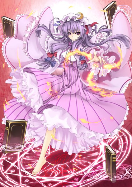 Anime picture 1414x2000 with touhou patchouli knowledge cloudy.r single long hair tall image purple eyes purple hair barefoot magic girl dress book (books) bonnet fire