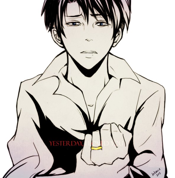 Anime picture 1200x1216 with shingeki no kyojin production i.g levi (rivaille) hikariix long hair tall image looking at viewer fringe blue eyes black hair simple background white background signed inscription shirt ring