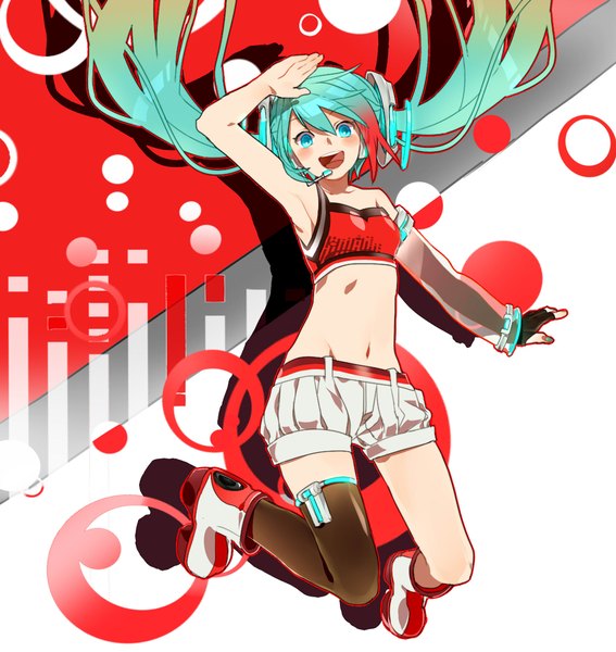 Anime picture 2080x2199 with vocaloid hatsune miku cola miku keishi single long hair tall image blush fringe highres open mouth twintails nail polish aqua eyes aqua hair alternate costume happy girl thighhighs navel