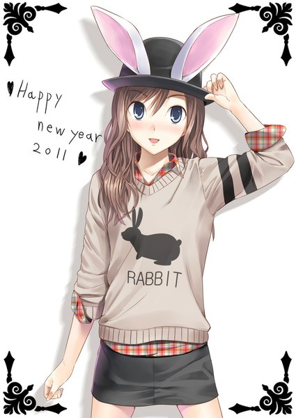 Anime picture 708x1000 with original tenkuu nozora single long hair tall image looking at viewer blush open mouth blue eyes brown hair animal ears bunny ears bunny girl framed animal print happy new year bunny print 2011 girl skirt