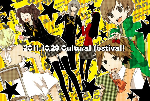 Anime picture 1000x676 with persona 4 persona kujikawa rise satonaka chie amagi yukiko narukami yuu hanamura yousuke tatsumi kanji buzz long hair short hair open mouth black hair brown hair twintails multiple girls brown eyes braid (braids) eyes closed hand on hip