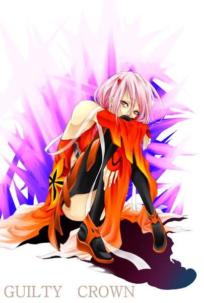 Anime picture 1378x2039 with guilty crown production i.g yuzuriha inori single long hair tall image looking at viewer red eyes pink hair girl thighhighs gloves hair ornament black thighhighs detached sleeves fingerless gloves bodysuit