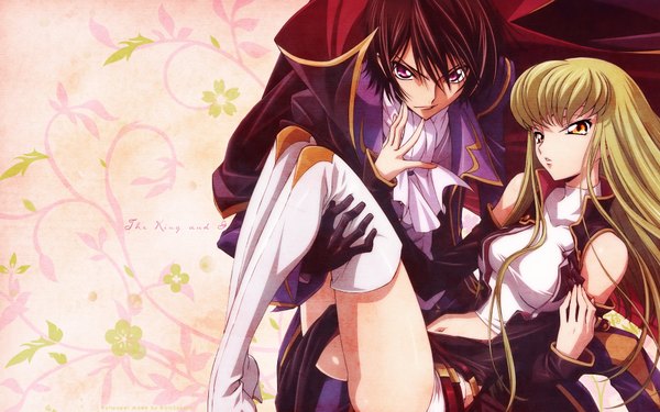 Anime picture 1680x1050 with code geass sunrise (studio) c.c. lelouch lamperouge long hair looking at viewer fringe short hair light erotic brown hair wide image purple eyes yellow eyes green hair couple carrying princess carry girl boy uniform