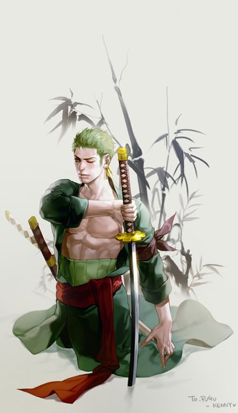 Anime picture 836x1448 with one piece toei animation roronoa zoro kenny single tall image short hair simple background green eyes signed looking away one eye closed green hair lips grey background piercing ear piercing scar fighting stance boy
