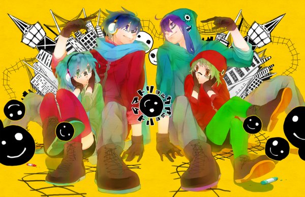 Anime picture 1800x1163 with vocaloid matryoshka (vocaloid) hatsune miku gumi kaito (vocaloid) kamui gakupo tagme (artist) long hair highres short hair blue eyes smile twintails multiple girls green eyes blue hair green hair aqua hair multiple boys legs