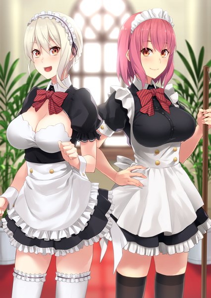 Anime picture 700x986 with shokugeki no soma j.c. staff nakiri alice arato hisako prime tall image looking at viewer blush short hair breasts open mouth light erotic red eyes multiple girls pink hair white hair maid revision girl thighhighs