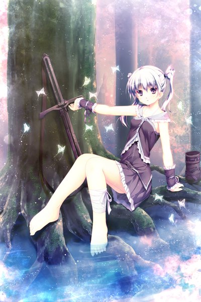 Anime picture 1000x1500 with original aruciii single long hair tall image twintails white hair barefoot black eyes bare legs girl dress weapon plant (plants) sword tree (trees) water insect butterfly