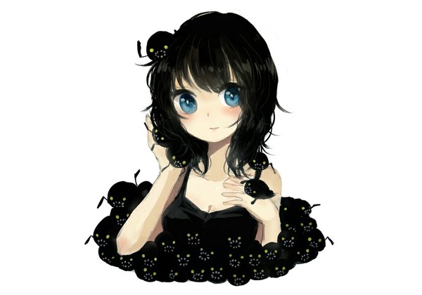Anime picture 1000x700 with original yami shoujo mozukuzu (manukedori) single long hair looking at viewer blush breasts blue eyes black hair simple background large breasts white background cleavage portrait arms behind head girl dress black dress