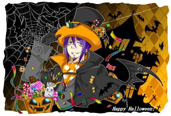 Anime picture 1800x1230 with ao no exorcist a-1 pictures mephisto pheles tagme (artist) highres open mouth purple hair inscription halloween framed polka dot cosplay bat wings happy halloween boy gloves ribbon (ribbons) hat food sweets