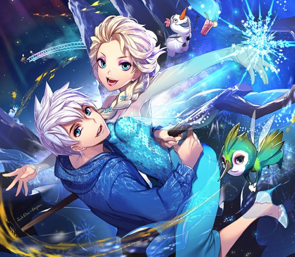 Anime picture 1000x870 with frozen (disney) rise of the guardians disney dreamworks elsa (frozen) jack frost (rise of the guardians) olaf (frozen) baby tooth empew long hair looking at viewer fringe breasts open mouth blue eyes blonde hair bare shoulders holding braid (braids) grey hair