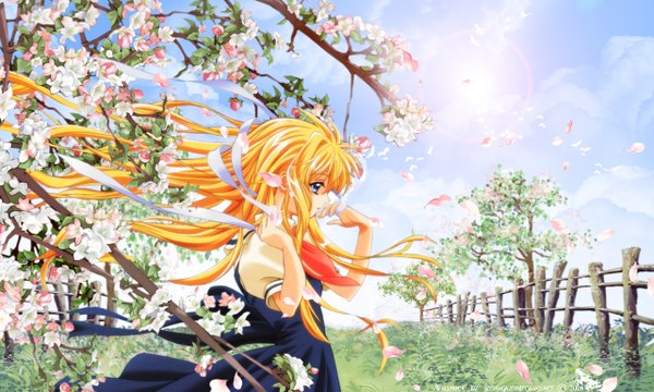 Anime picture 1280x768 with air key (studio) kamio misuzu tagme (artist) fightgirl (semanga) single long hair blue eyes blonde hair wide image signed sky profile wind cherry blossoms looking down third-party edit field girl uniform