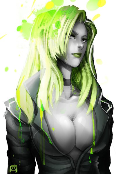 Anime picture 864x1296 with pechan (artist) single long hair tall image breasts light erotic simple background large breasts white background green hair lips black eyes open clothes no bra open jacket lipstick green lipstick girl jacket