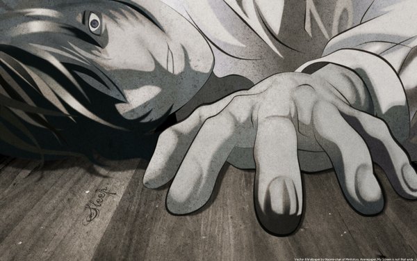 Anime picture 1920x1200 with death note madhouse yagami light single fringe highres short hair wide image signed hair over one eye monochrome boy