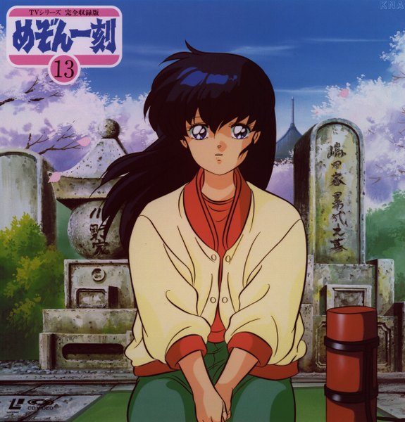 Anime picture 1172x1224 with maison ikkoku studio deen otonashi kyouko long hair tall image blue eyes sitting cherry blossoms girl cemetery thermos