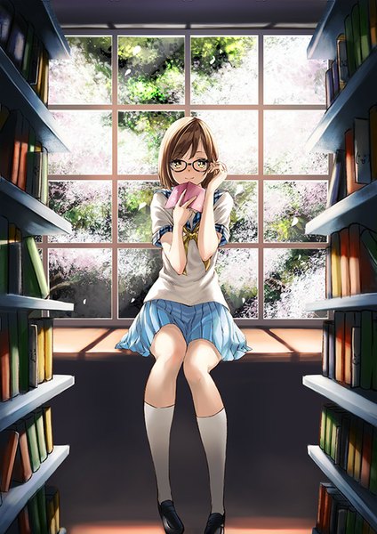 Anime picture 566x800 with original unowen single tall image looking at viewer fringe short hair smile hair between eyes brown hair sitting yellow eyes pleated skirt sunlight shadow girl skirt uniform school uniform socks