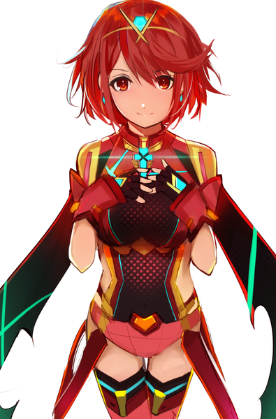 Anime picture 2616x3968 with xenoblade xenoblade 2 pyra (xenoblade) tarbo (exxxpiation) single tall image looking at viewer fringe highres short hair breasts light erotic simple background hair between eyes red eyes standing white background red hair light smile shadow