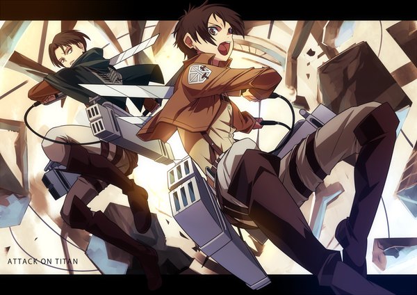 Anime picture 1023x723 with shingeki no kyojin production i.g eren yaeger levi (rivaille) hajime (hajime-ill-1st) looking at viewer short hair open mouth brown hair brown eyes looking away open jacket multiple boys copyright name attack boy uniform weapon sword jacket