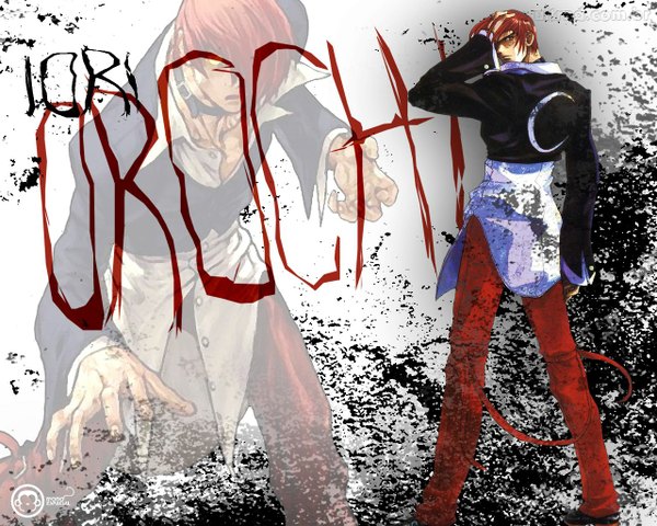 Anime picture 1280x1024 with the king of fighters snk yagami iori short hair red eyes red hair looking back inscription adjusting hair open collar dual persona boy ribbon (ribbons) jacket collar