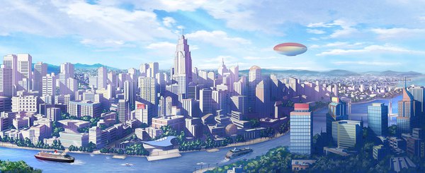Anime picture 1500x613 with original xingyue ling wide image sky cloud (clouds) sunlight city horizon cityscape mountain no people river plant (plants) tree (trees) building (buildings) aircraft watercraft skyscraper ship dirigible