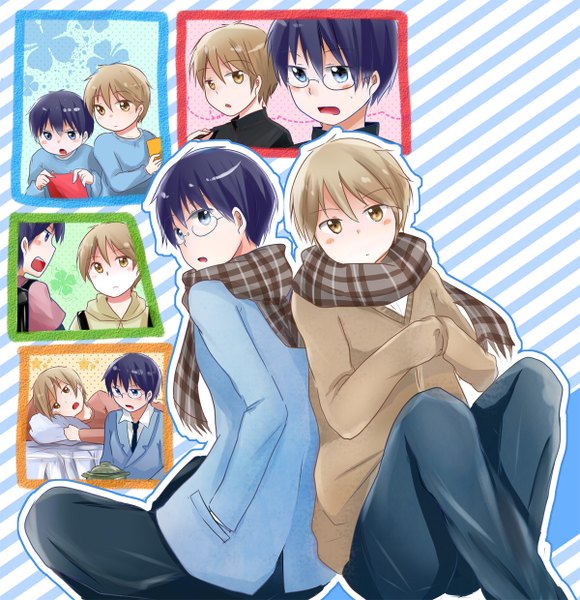 Anime picture 1200x1240 with kimi to boku j.c. staff asaba yuki tsukahara kaname tall image looking at viewer blush short hair open mouth blue eyes black hair blonde hair sitting brown eyes looking back multiple boys multiview hands in pockets hands in sleeves shared scarf