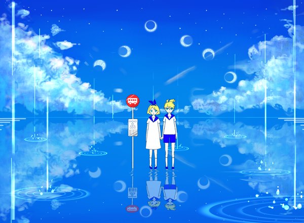 Anime picture 1500x1100 with vocaloid kagamine rin kagamine len 42 7 (pixiv id 1740974) looking at viewer short hair blue eyes blonde hair sky cloud (clouds) couple holding hands reflection dual persona girl bow hair bow water socks shorts