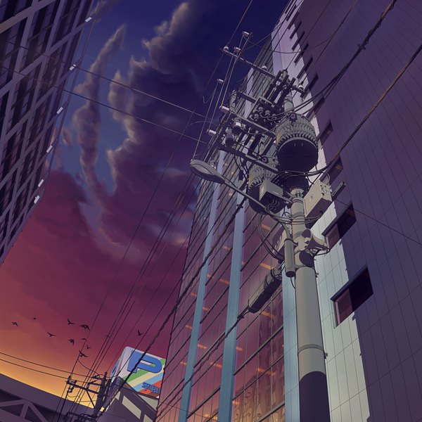 Anime picture 2000x2000 with original icephei highres sky cloud (clouds) inscription city hieroglyph evening sunset cityscape animal window bird (birds) wire (wires) skyscraper