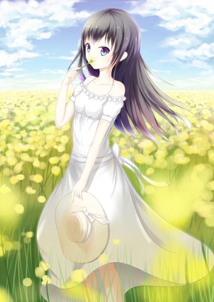 Anime picture 709x1000 with original kagami (galgamesion) single long hair tall image fringe blue eyes black hair bare shoulders holding looking away sky cloud (clouds) wind horizon hat removed girl dress flower (flowers) hat