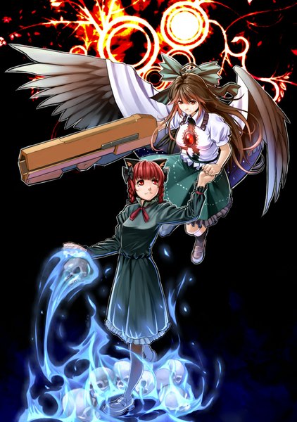 Anime picture 733x1042 with touhou reiuji utsuho kaenbyou rin tkln long hair tall image short hair smile red eyes brown hair multiple girls animal ears red hair cat ears holding hands arm cannon girl dress bow weapon