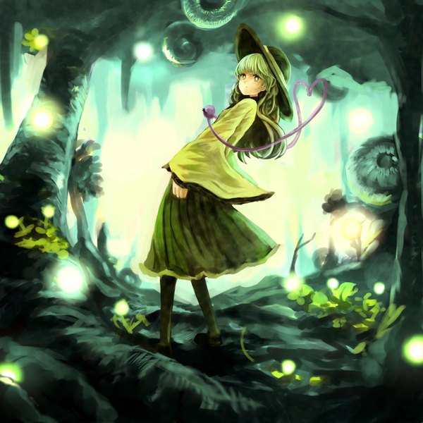 Anime picture 1514x1514 with touhou komeiji koishi buruxugi single long hair standing green eyes long sleeves looking back green hair girl dress flower (flowers) plant (plants) hat tree (trees) forest