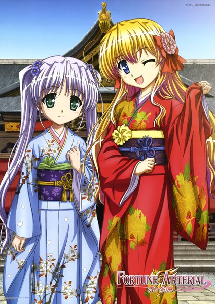 Anime picture 6079x8610 with fortune arterial august soft sendou erika tougi shiro long hair tall image highres open mouth blue eyes blonde hair multiple girls green eyes absurdres white hair japanese clothes one eye closed wink girl 2 girls kimono