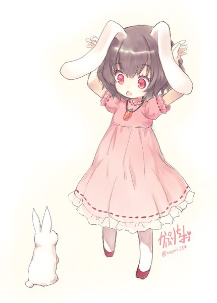 Anime picture 1076x1500 with touhou inaba tewi capriccio single tall image fringe short hair open mouth simple background red eyes brown hair standing white background sitting signed animal ears full body arms up bunny ears eye contact