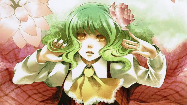 Anime picture 1920x1080 with touhou kazami yuuka mochinu single fringe highres short hair open mouth wide image yellow eyes green hair wind wavy hair looking up pale skin girl flower (flowers) shirt necktie water lily