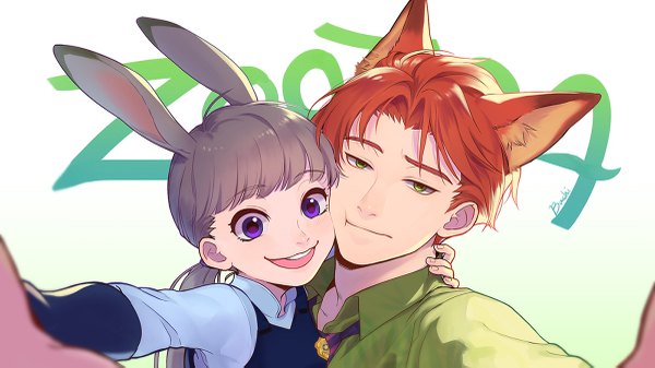 Anime picture 1200x675 with zootopia disney judy hopps nick wilde bachi chan long hair looking at viewer short hair open mouth smile wide image purple eyes green eyes animal ears grey hair orange hair bunny ears copyright name fox ears bunny girl