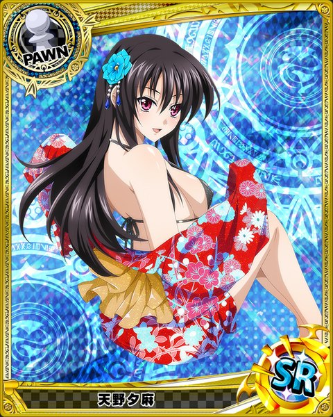 Anime picture 640x800 with highschool dxd raynare (dxd) single long hair tall image looking at viewer breasts open mouth light erotic black hair purple eyes hair flower card (medium) girl hair ornament flower (flowers) swimsuit bikini