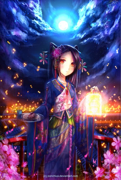 Anime picture 900x1334 with original ponchiux single long hair tall image standing holding sky traditional clothes japanese clothes inscription orange eyes glow girl hair ornament flower (flowers) petals sweets kimono insect