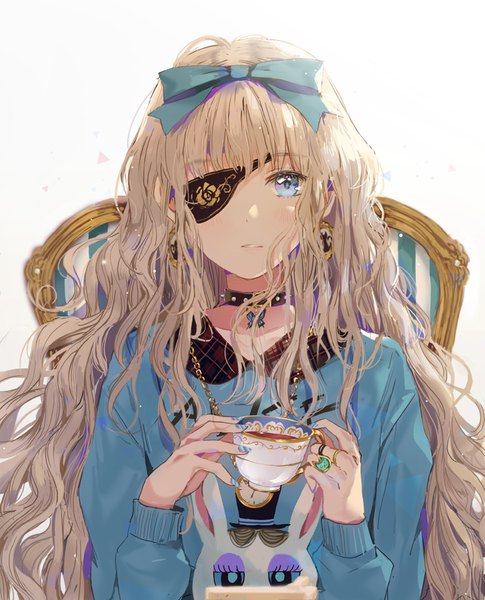 Anime picture 700x866 with alice in wonderland original alice (wonderland) white rabbit dangmill single long hair tall image looking at viewer fringe blue eyes simple background blonde hair white background sitting holding upper body nail polish wavy hair nail art