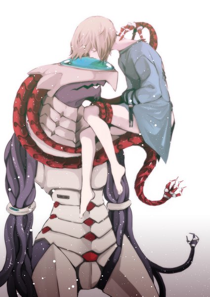 Anime picture 1000x1410 with original yamazaki kore solomongrundy tall image short hair simple background blonde hair white background eyes closed head tilt profile barefoot kiss grabbing girl monster straitjacket