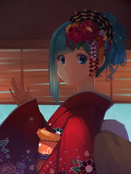 Anime picture 900x1200 with vocaloid hatsune miku mhong single tall image looking at viewer blue eyes smile traditional clothes japanese clothes aqua hair alternate hairstyle new year hair up girl hair ornament kimono kanzashi
