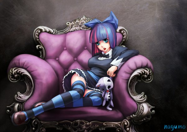 Anime picture 1979x1400 with panty & stocking with garterbelt anarchy stocking nagumo (qmzp10) single long hair highres open mouth blue eyes signed purple hair multicolored hair streaked hair girl thighhighs bow hair bow toy stuffed animal striped thighhighs couch